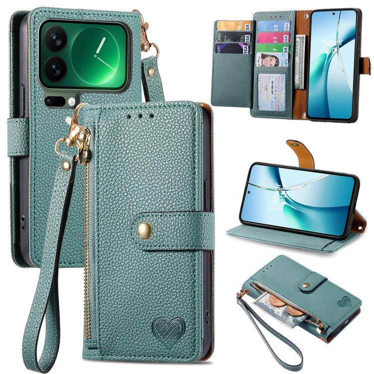 

For Xiaomi 17 Pro Love Zipper Lanyard Leather Phone Case(Green)