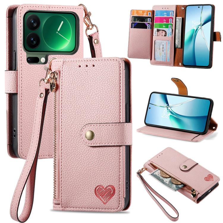 

For Xiaomi 17 Pro Love Zipper Lanyard Leather Phone Case(Pink)