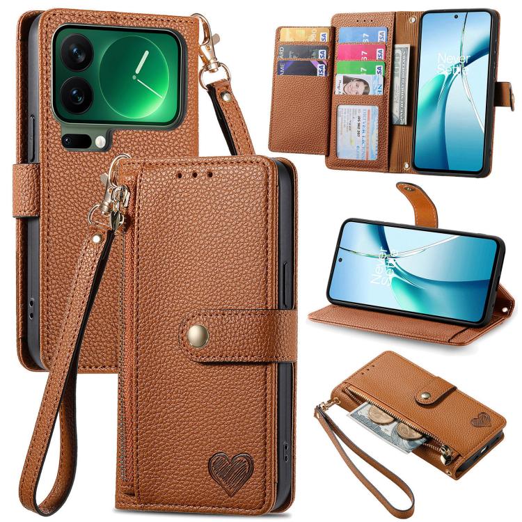 

For Xiaomi 17 Pro Max Love Zipper Lanyard Leather Phone Case(Brown)