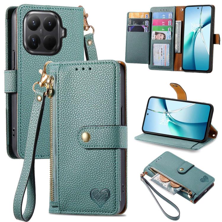 

For Xiaomi 15T Pro Love Zipper Lanyard Leather Phone Case(Green)