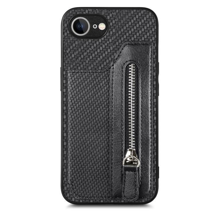 

For iPhone 16e Carbon Fiber Horizontal Flip Zipper Wallet Phone Case(Black)