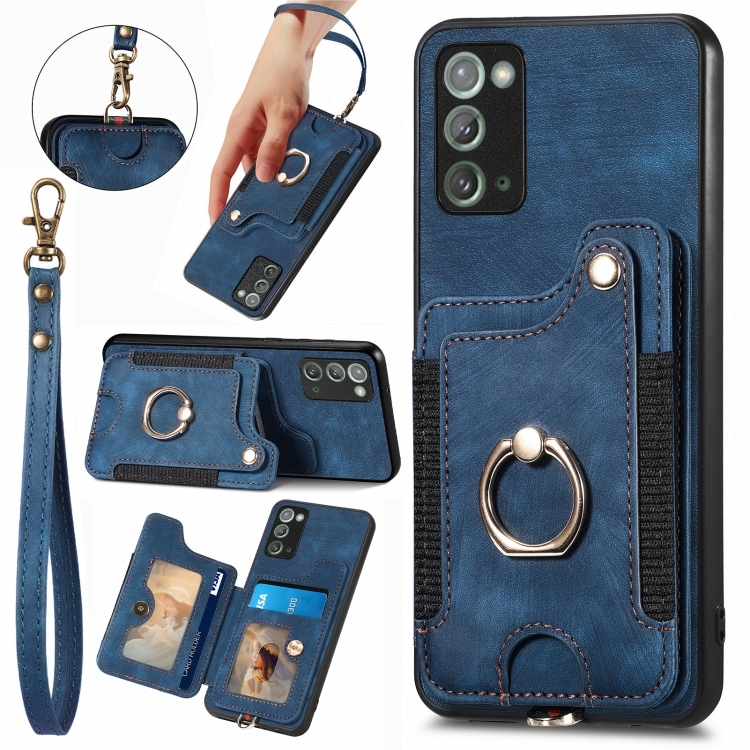 

For Samsung Galaxy Note20 Retro Skin-feel Ring multi-card Wallet Phone Case(Blue)
