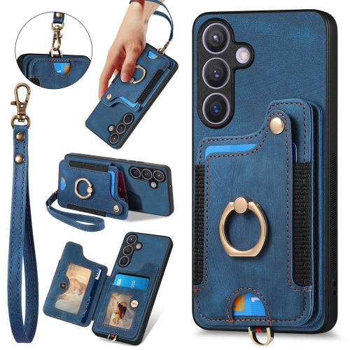

For Samsung Galaxy S24+ 5G Retro Skin-feel Ring Multi-card Wallet Phone Case(Blue)