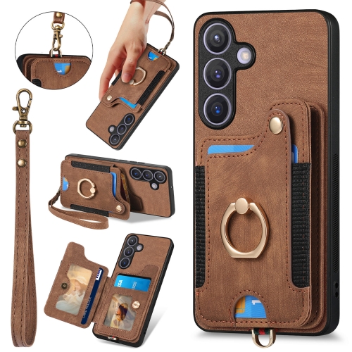 

For Samsung Galaxy S24+ 5G Retro Skin-feel Ring Multi-card Wallet Phone Case(Brown)