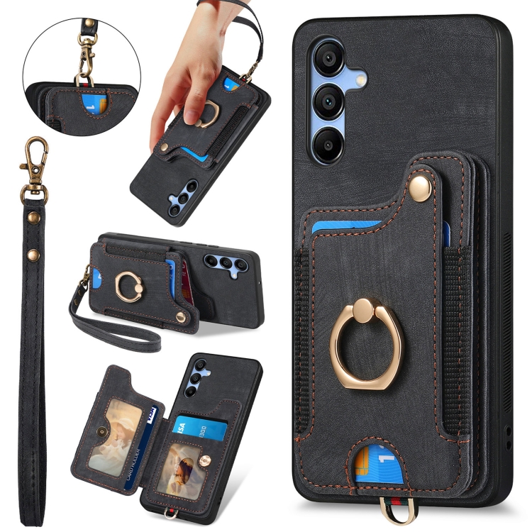 

For Samsung Galaxy A15 Retro Skin-feel Ring Multi-card Wallet Phone Case(Black)
