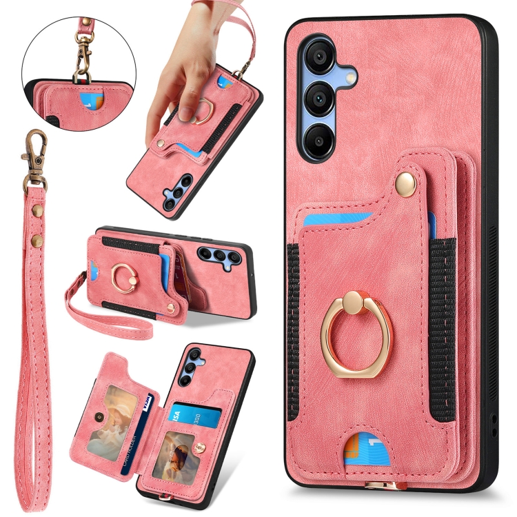 

For Samsung Galaxy A55 Retro Skin-feel Ring Multi-card Wallet Phone Case(Pink)