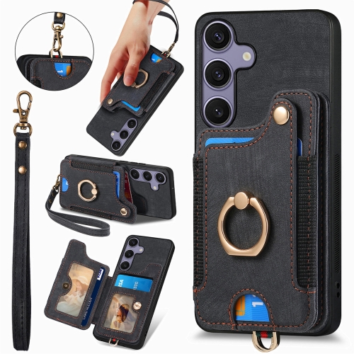 

For Samsung Galaxy S25 5G Retro Skin-feel Ring Multi-card Wallet Phone Case(Black)