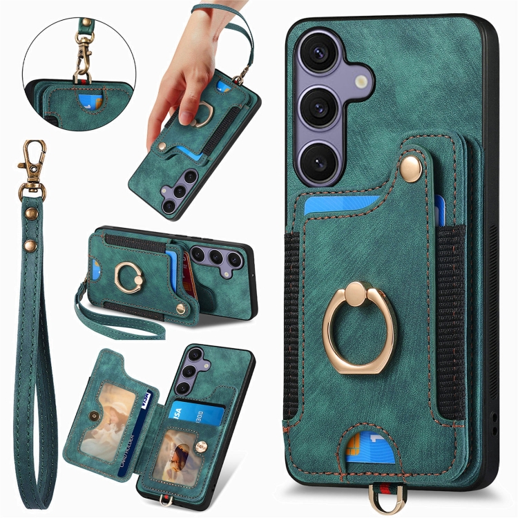 

For Samsung Galaxy S25 5G Retro Skin-feel Ring Multi-card Wallet Phone Case(Green)