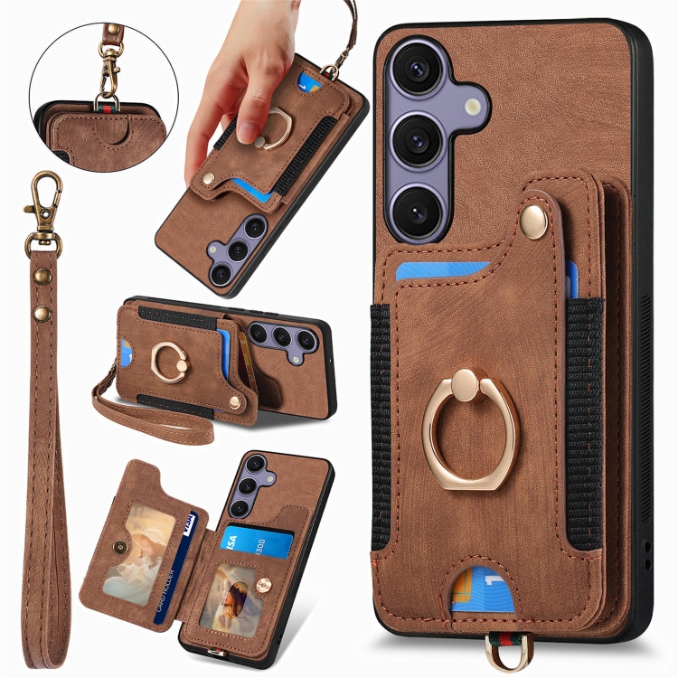 

For Samsung Galaxy S25 5G Retro Skin-feel Ring Multi-card Wallet Phone Case(Brown)