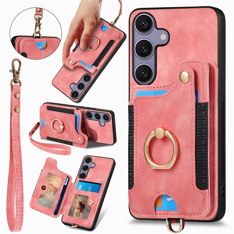 

For Samsung Galaxy S25+ 5G Retro Skin-feel Ring Multi-card Wallet Phone Case(Pink)