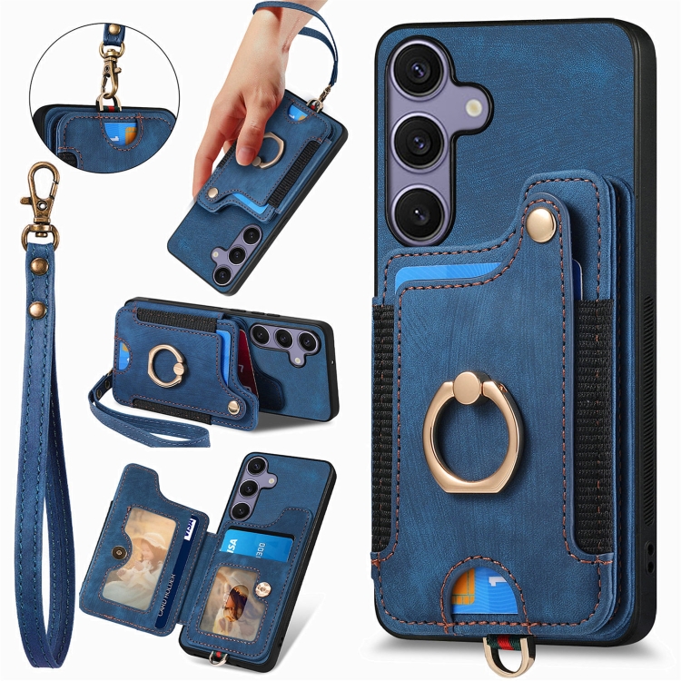 

For Samsung Galaxy S25+ 5G Retro Skin-feel Ring Multi-card Wallet Phone Case(Blue)