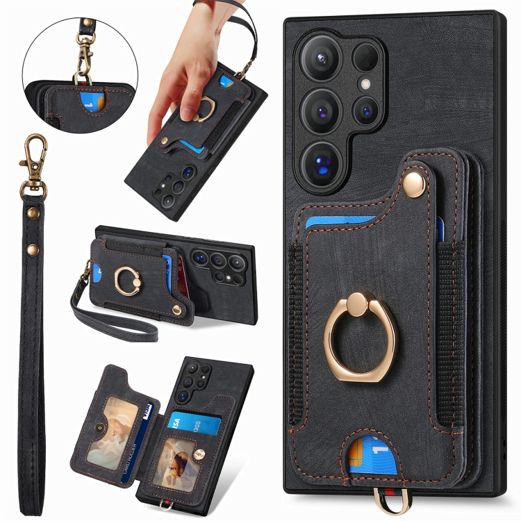 

For Samsung Galaxy S25 Ultra 5G Retro Skin-feel Ring Multi-card Wallet Phone Case(Black)