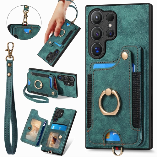 

For Samsung Galaxy S25 Ultra 5G Retro Skin-feel Ring Multi-card Wallet Phone Case(Green)