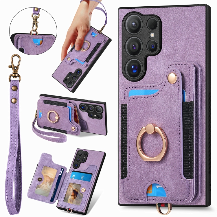 

For Samsung Galaxy S25 Ultra 5G Retro Skin-feel Ring Multi-card Wallet Phone Case(Purple)