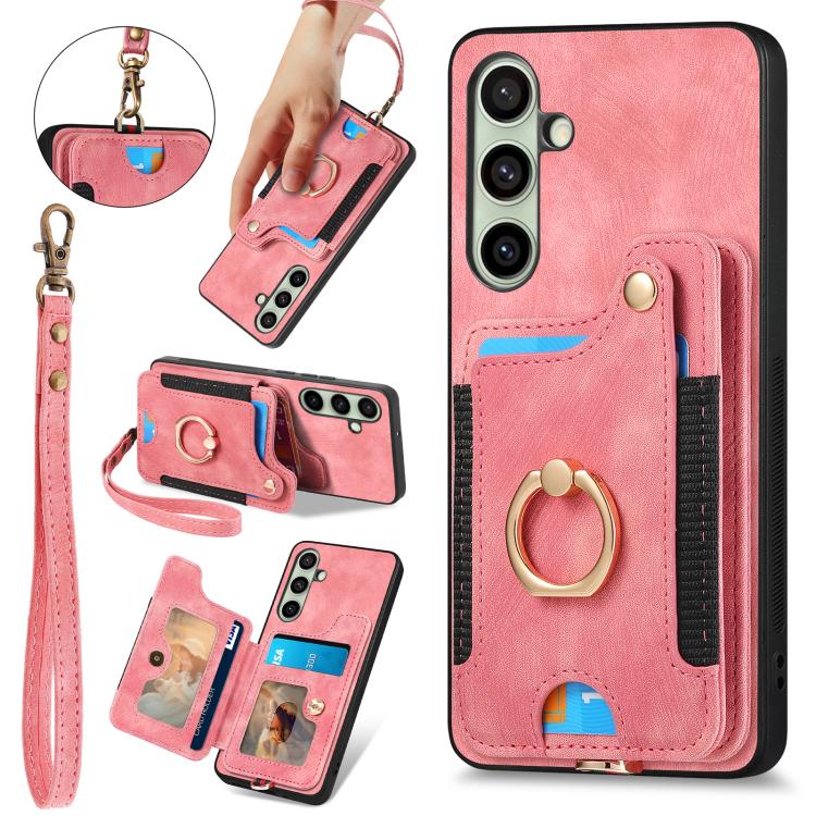

For Samsung Galaxy A56 5G Retro Skin-feel Ring Multi-card Wallet Phone Case(Pink)