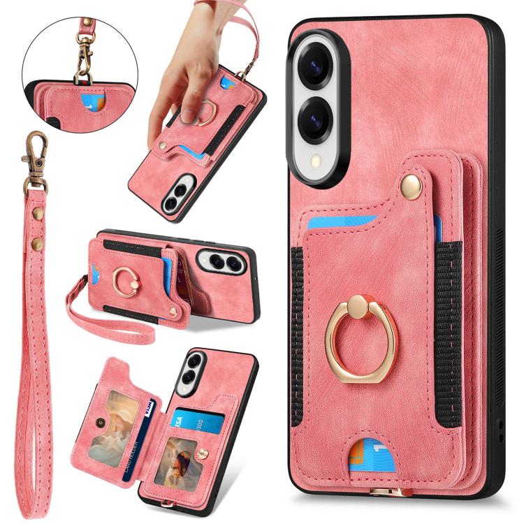 

For Samsung Galaxy S25 Edge 5G Retro Skin-feel Ring Multi-card Wallet Phone Case(Pink)