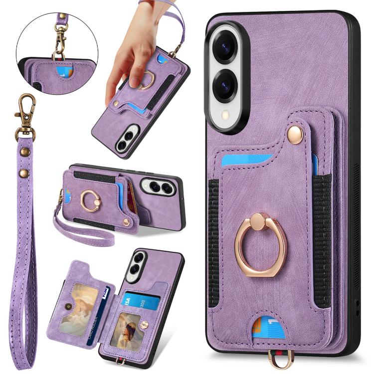 

For Samsung Galaxy S25 Edge 5G Retro Skin-feel Ring Multi-card Wallet Phone Case(Purple)