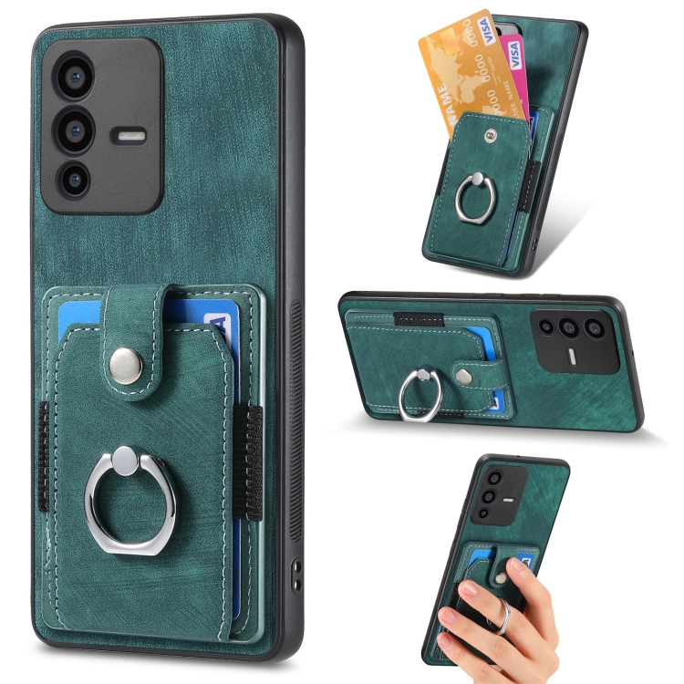 

For vivo V23 5G Retro Skin-feel Ring Multi-card Wallet Phone Case(Green)