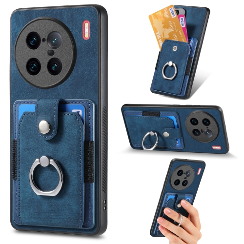 

For vivo X90 Pro+ Retro Skin-feel Ring Multi-card Wallet Phone Case(Blue)