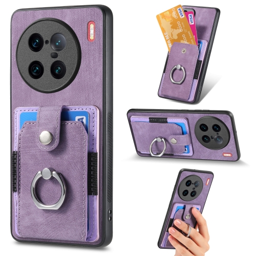 

For vivo X90 Pro+ Retro Skin-feel Ring Multi-card Wallet Phone Case(Purple)