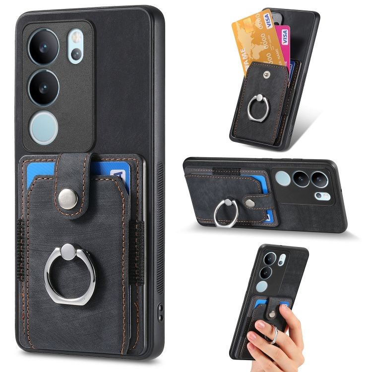 

For vivo S17 Pro Retro Skin-feel Ring Card Wallet Phone Case(Black)