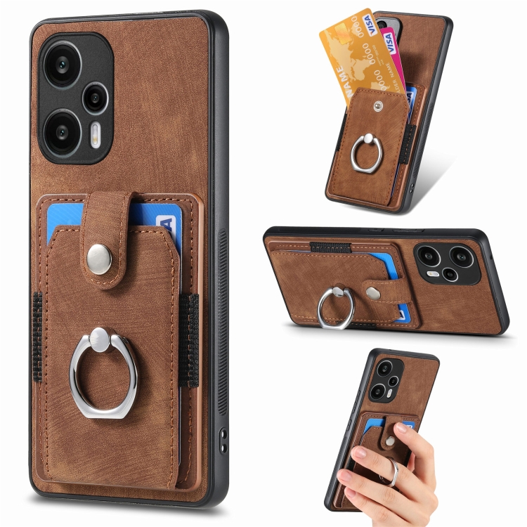 

For Xiaomi Poco F5 Retro Skin-feel Ring Multi-card Wallet Phone Case(Brown)