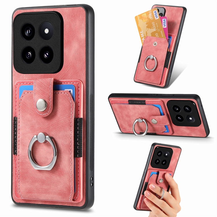 

For Xiaomi 14 Pro Retro Skin-feel Ring Card Wallet Phone Case(Pink)