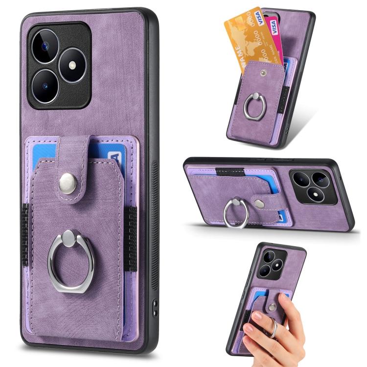 

For Realme C53 4G Retro Skin-feel Ring Multi-card Wallet Phone Case(Purple)