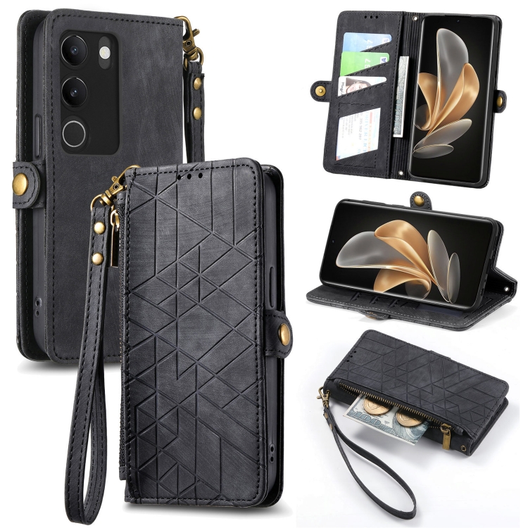 

For vivo S17 Geometric Zipper Wallet Side Buckle Leather Phone Case(Black)