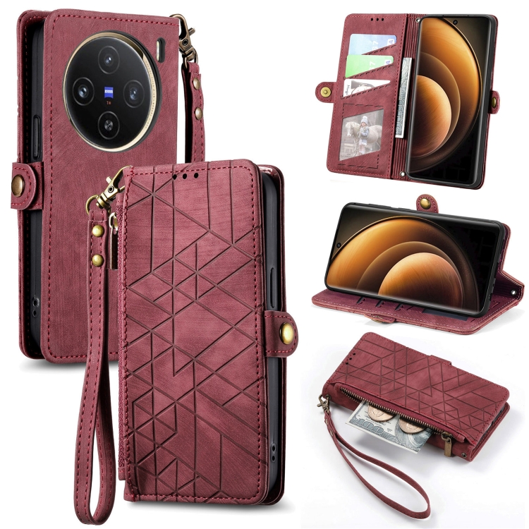 

For vivo X100 Geometric Zipper Wallet Side Buckle Leather Phone Case(Red)