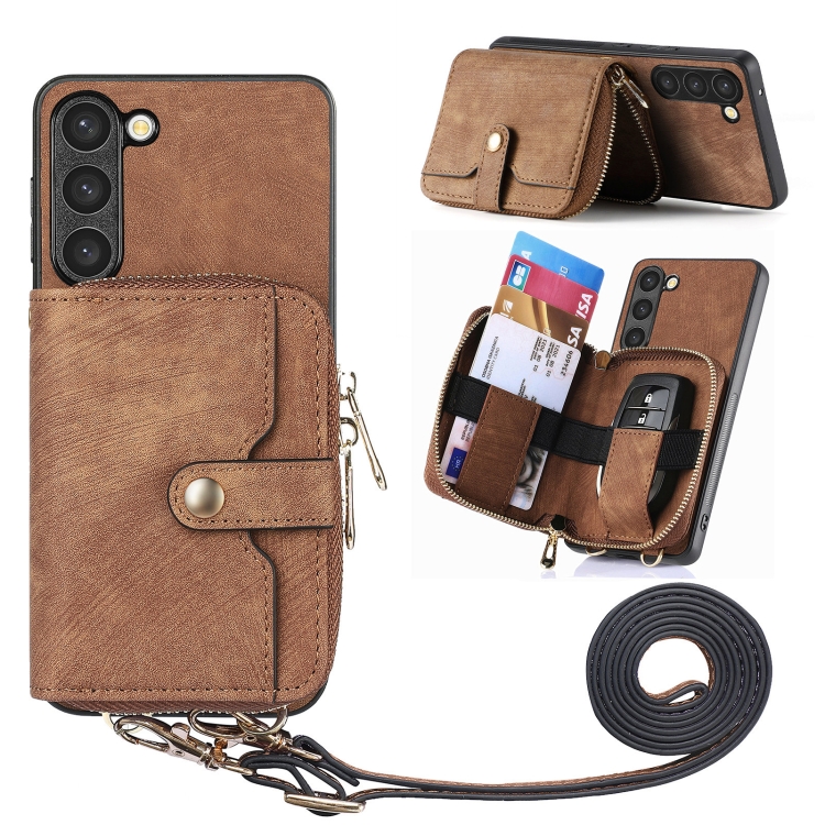

For Samsung Galaxy S23+ 5G Crossbody Multi-function Zipper Wallet Phone Case(Brown)