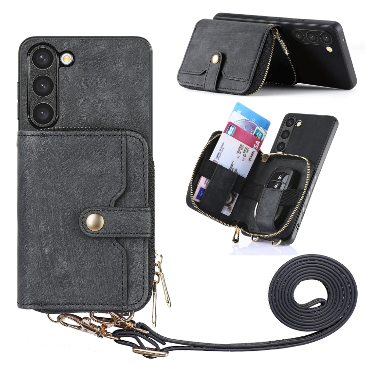 

For Samsung Galaxy S23+ 5G Crossbody Multi-function Zipper Wallet Phone Case(Black)