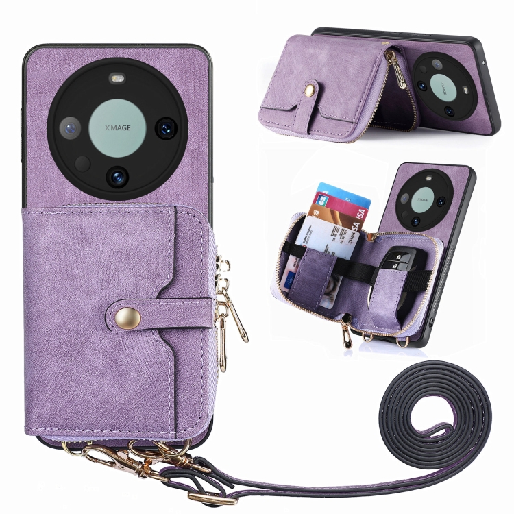 

For Huawei Mate 60 Pro Crossbody Multi-function Zipper Wallet Phone Case(Purple)