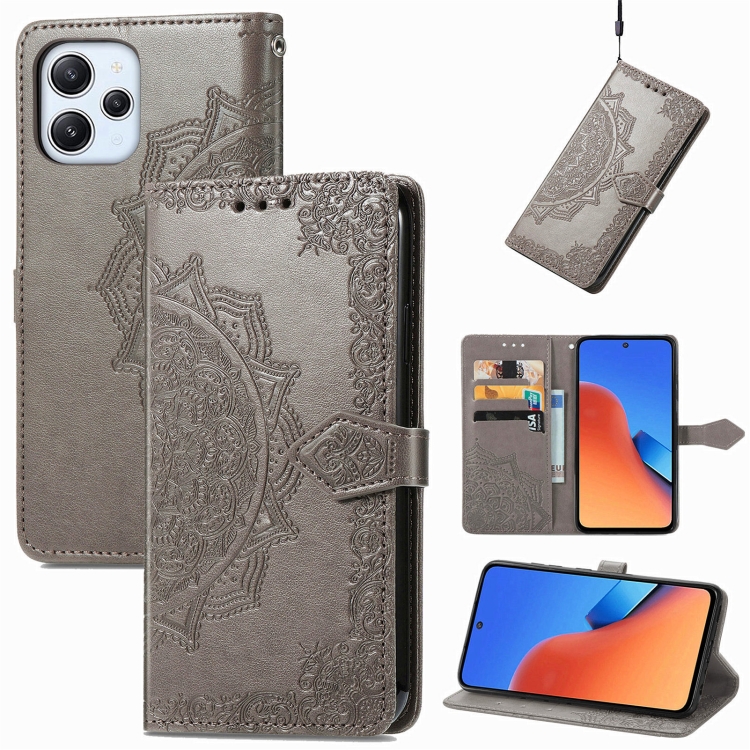 

For Xiaomi Redmi 12 5G Mandala Flower Embossed Leather Phone Case(Grey)