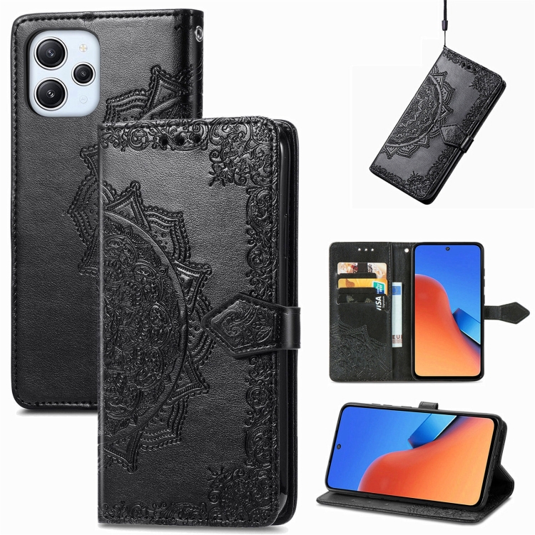 

For Xiaomi Redmi 12 5G Mandala Flower Embossed Leather Phone Case(Black)
