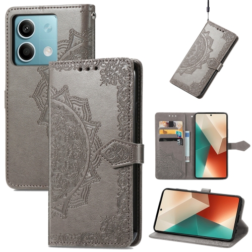 

For Xiaomi Redmi Note 13 5G Mandala Flower Embossed Leather Phone Case(Grey)