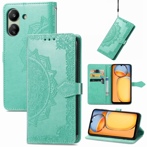 

For Xiaomi Redmi 13C Mandala Flower Embossed Leather Phone Case(Green)