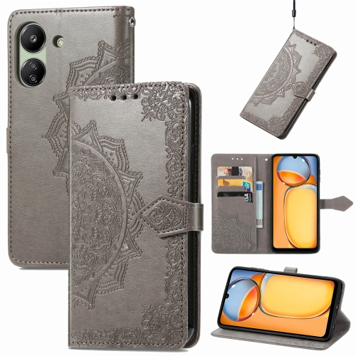 

For Xiaomi Redmi 13C Mandala Flower Embossed Leather Phone Case(Grey)