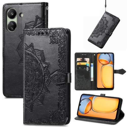 

For Xiaomi Redmi 13C Mandala Flower Embossed Leather Phone Case(Black)