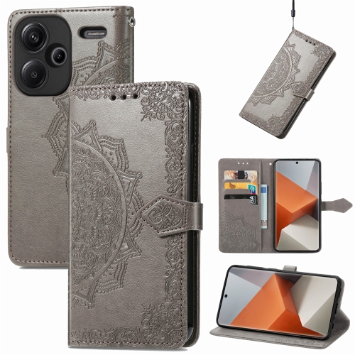 

For Xiaomi Redmi Note 13 Pro+ Mandala Flower Embossed Leather Phone Case(Grey)