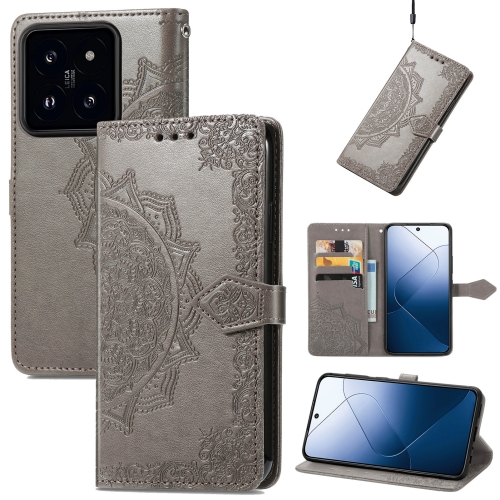 

For Xiaomi 14 Mandala Flower Embossed Leather Phone Case(Grey)