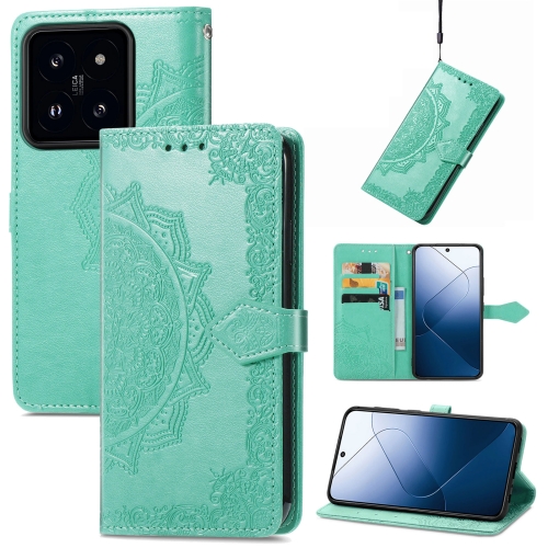

For Xiaomi 14 Pro Mandala Flower Embossed Leather Phone Case(Green)