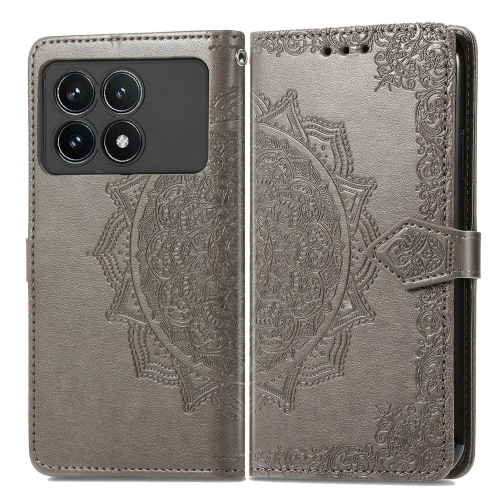 

For Xiaomi Redmi K70 Pro Mandala Flower Embossed Leather Phone Case(Grey)