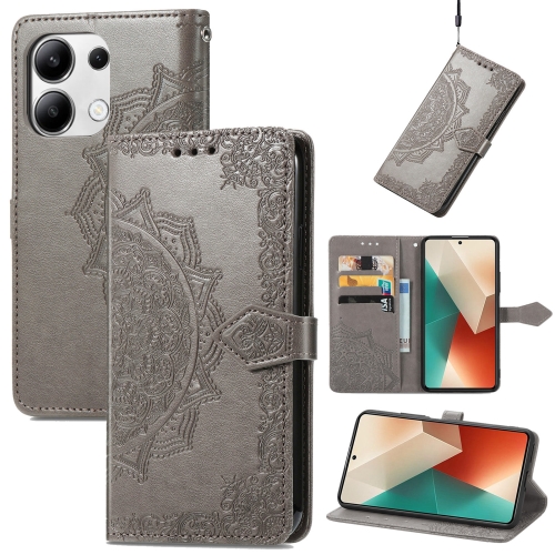 

For Xiaomi Redmi Note 13 4G Mandala Flower Embossed Leather Phone Case(Grey)