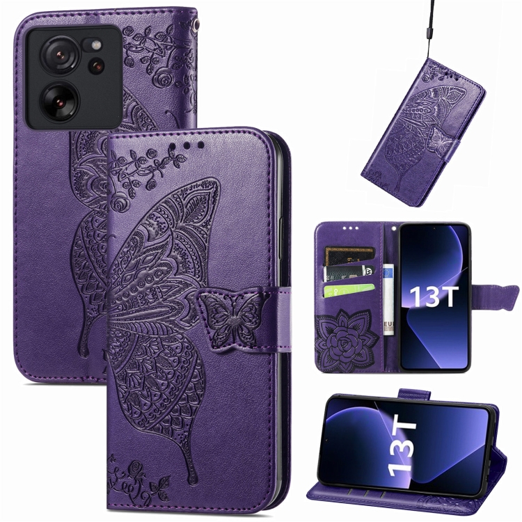 

For Xiaomi 13T / 13T Pro Butterfly Love Flower Embossed Leather Phone Case(Dark Purple)