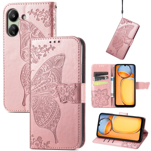 

For Xiaomi Redmi 13C Butterfly Love Flower Embossed Leather Phone Case(Rose Gold)