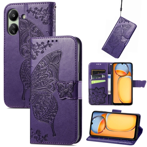 

For Xiaomi Redmi 13C Butterfly Love Flower Embossed Leather Phone Case(Dark Purple)