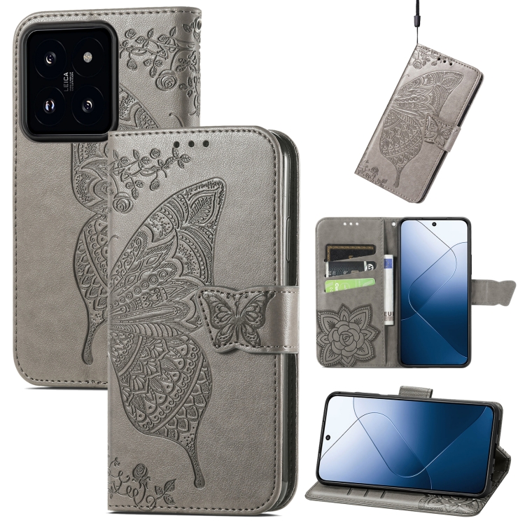 

For Xiaomi 14 Butterfly Love Flower Embossed Leather Phone Case(Grey)