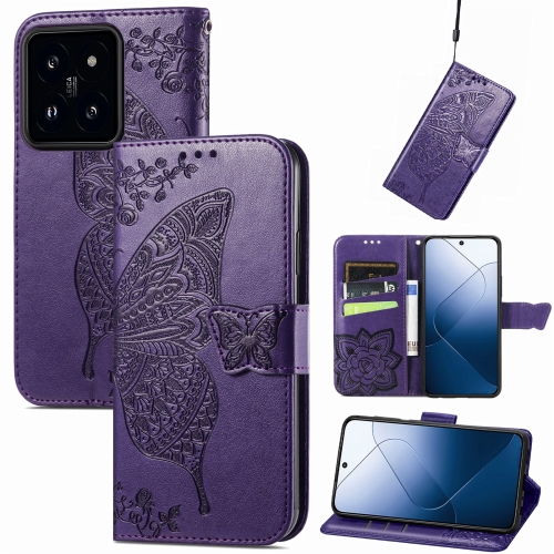 

For Xiaomi 14 Pro Butterfly Love Flower Embossed Leather Phone Case(Dark Purple)