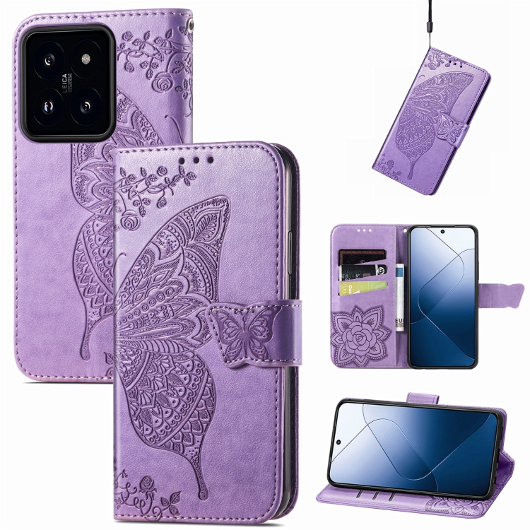 

For Xiaomi 14 Pro Butterfly Love Flower Embossed Leather Phone Case(Purple)